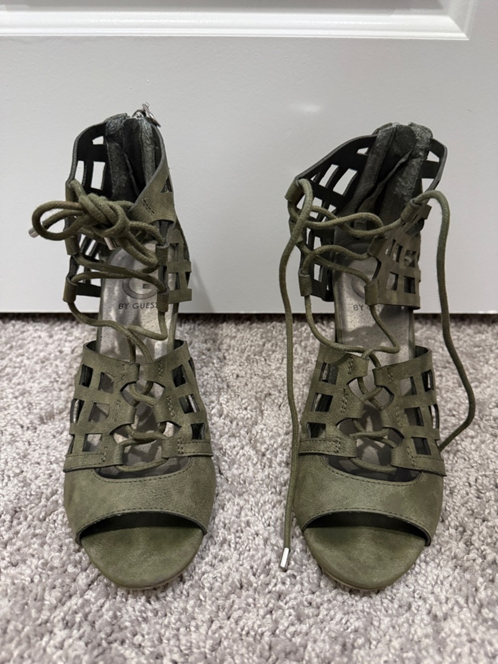 Guess Olive Green Lace-Up Cutout Heels